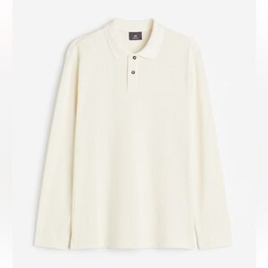 BNWT H&M Men’s Slim Fit Hole Knit Waffle Polo White Cream Size XS Long Sleeve
